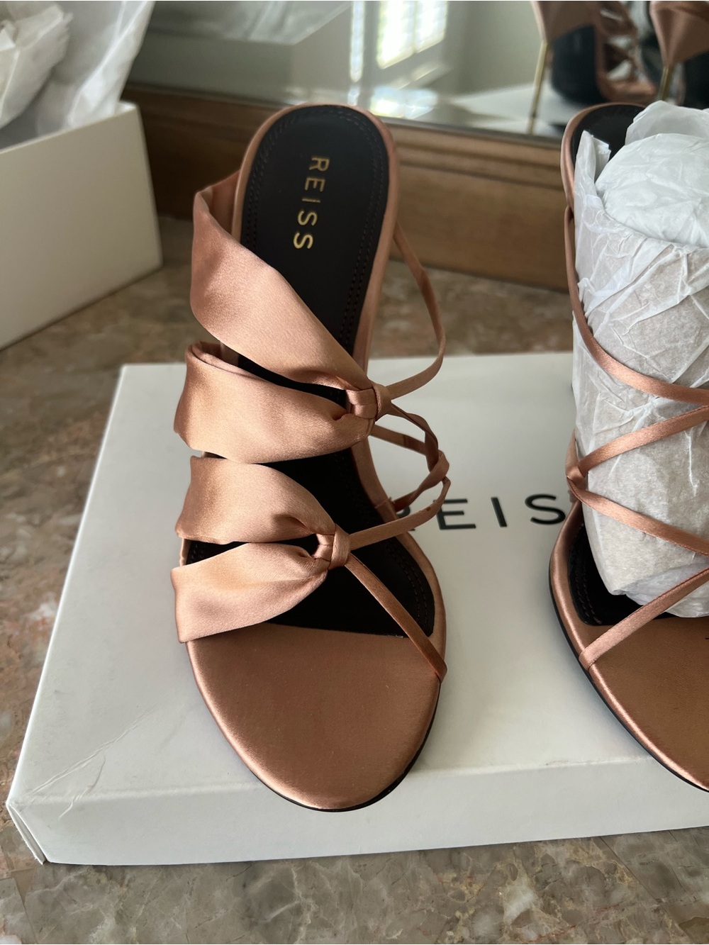 Reiss Rose Gold Satin Bow Slide Heels - Picture 2 of 9